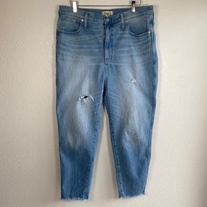 Madewell Stovepipe Size 33 High Rise Light Wash Blue Cropped Jeans Raw Hem